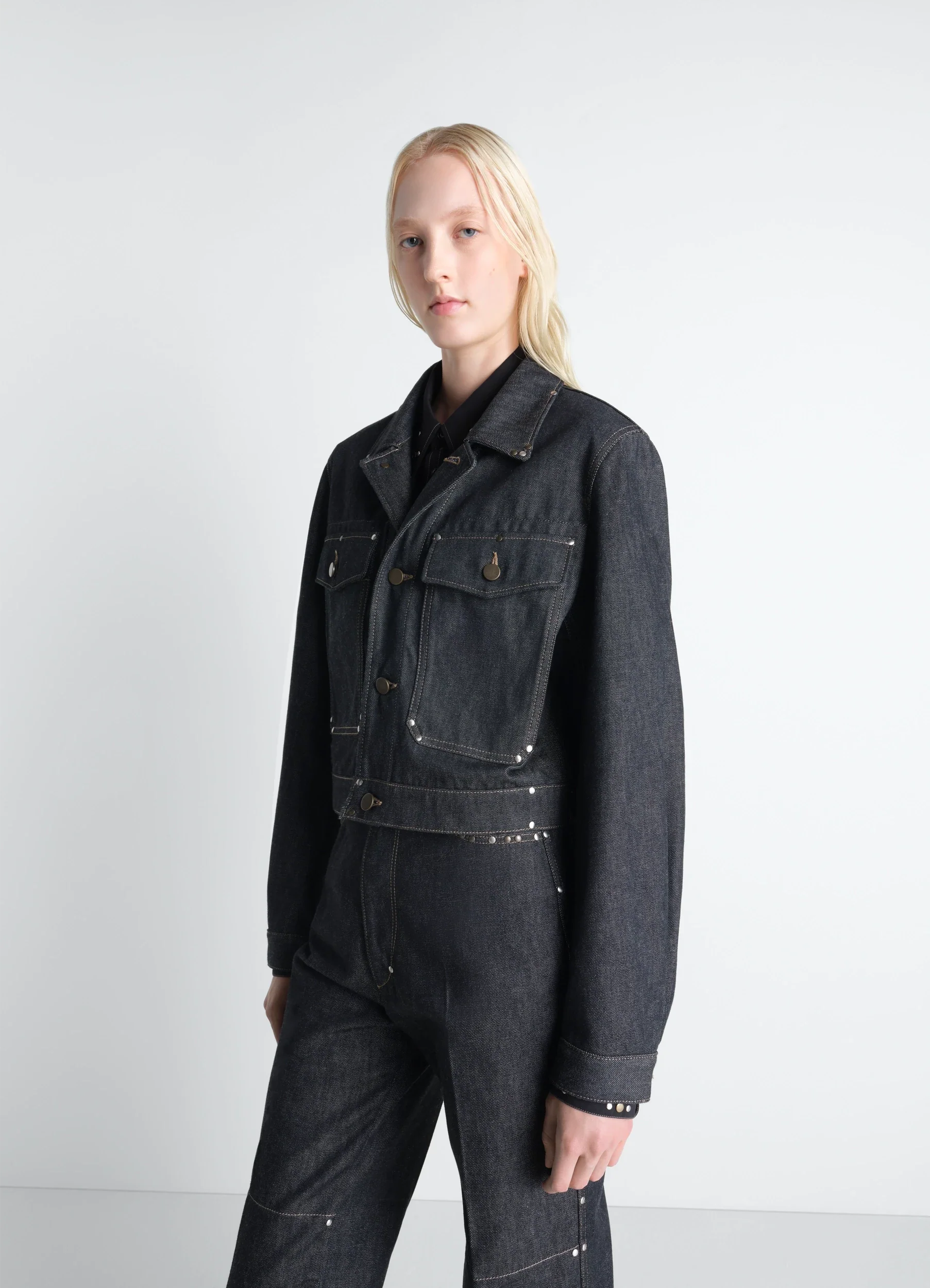 CROPPED BLOUSON WITH STUDS IN DENIM